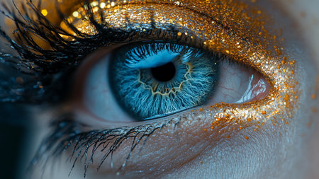 Close up of blue female eye with golden glitter makeup. Macro shotの素材