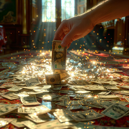 Hands counting dollar banknotes on the carpet in the church.の素材