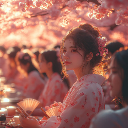 Beautiful asian woman with cherry blossom in Hochiminh City, Vietnamの素材