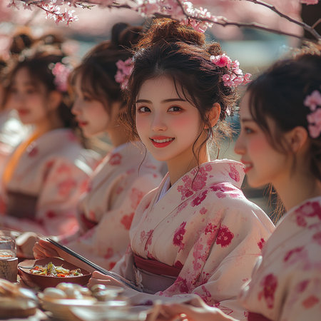 Unidentified Japanese girls in kimono with sakura blossom.の素材