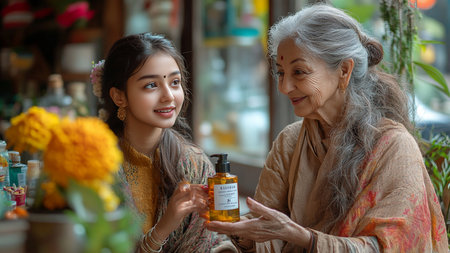 asian senior woman and asian young woman looking at bottle of oilの素材