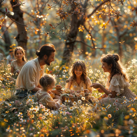 Happy family sitting in the meadow in the rays of the setting sunの素材