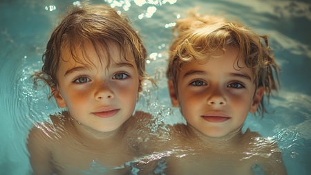 Portrait of two cute little kids boy and girl in swimming poolの素材