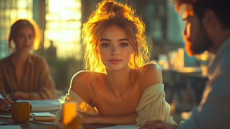 Portrait of a beautiful young woman sitting at a table in a restaurant.の素材