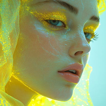 Portrait of a beautiful young woman with golden make-up. Beauty, fashion.の素材