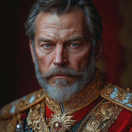 Portrait of an elderly man with gray beard and mustache in royal costume.の素材