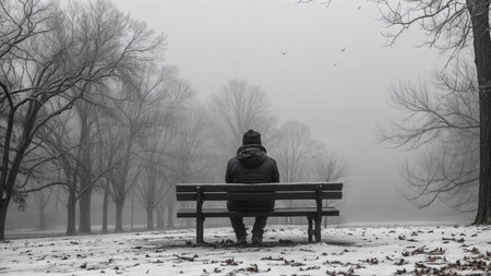 Man sitting on a bench in a foggy winter park. Black and whiteの素材