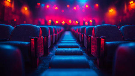 Empty cinema auditorium with rows of chairs and red lights. Cinema conceptの素材