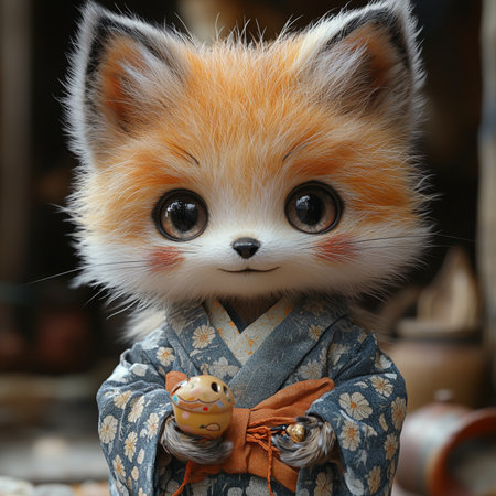 Cute fox doll in a japanese kimono.の素材