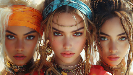 Three beautiful women in ethnic clothing on the beach. Boho style.の素材