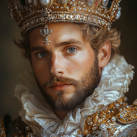 Portrait of a medieval king in a crown. Portrait of a medieval king.の素材