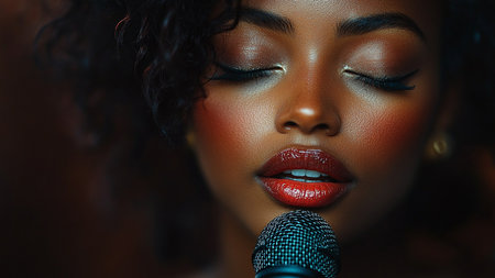 Close-up portrait of a beautiful african american woman singing into a microphoneの素材