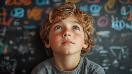 Portrait of cute boy looking at camera against blackboard in classroomの素材