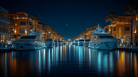 Luxury yachts in the port of Barcelona at night.の素材