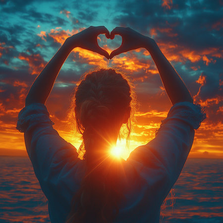 Young woman making a heart shape with her hands on the sea backgroundの素材
