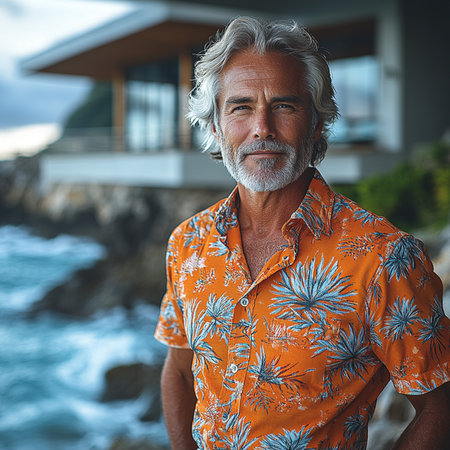 Portrait of a handsome senior man standing by the sea. Mature man looking at camera.の素材