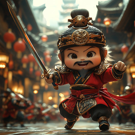 3D rendering of a little chinese boy in a red costumeの素材