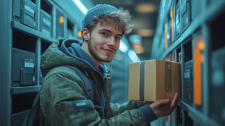 Portrait of a handsome young man with a box in his handの素材
