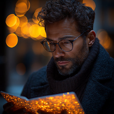 Handsome bearded man reading a book in the city at nightの素材