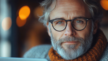 Portrait of senior man in eyeglasses using laptop while sitting in cafeの素材
