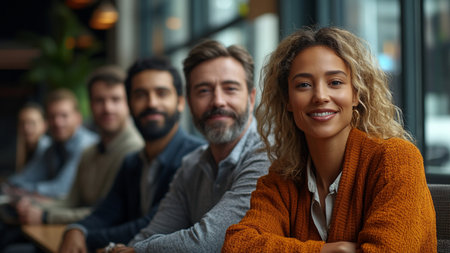 Portrait of smiling businesswoman sitting with colleagues in background at officeの素材