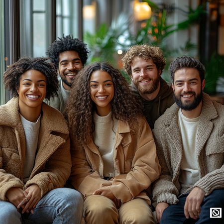 Group of young multiracial friends sitting in a cafe and smiling.の素材