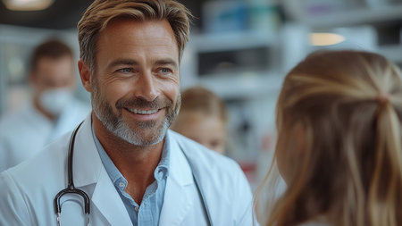 Portrait of a smiling male doctor with a stethoscope standing in a hospital.の素材