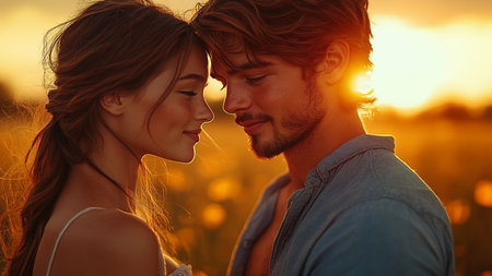 Portrait of a beautiful young couple embracing in the field at sunsetの素材