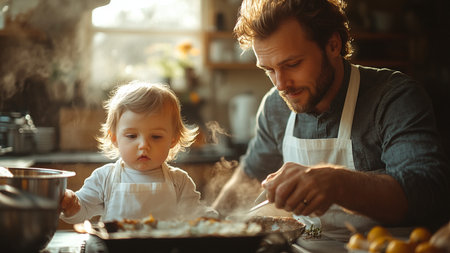 Cute little girl and her handsome father are cooking in the kitchen.の素材