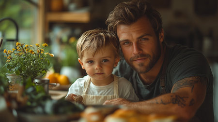 Portrait of father and son looking at camera while cooking in kitchenの素材