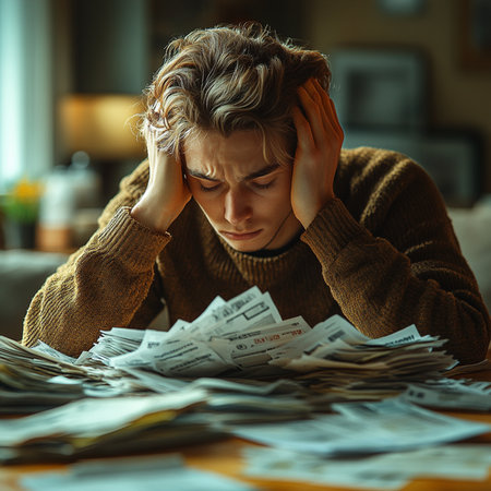 Sad woman sitting at the table with lots of bills in her handsの素材