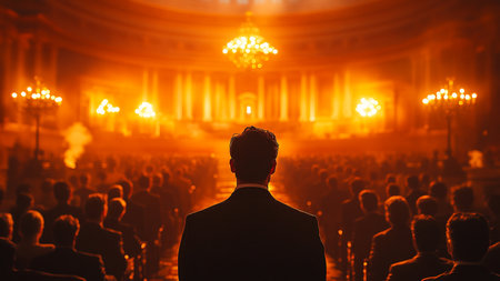 Silhouette of a man in front of a crowd of peopleの素材