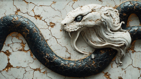 Close up of dragon statue on the old cracked wall background, Thailand.の素材