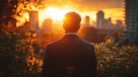 Businessman looking at sunset over the city. Concept of success.の素材