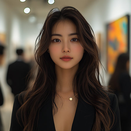 Beautiful asian woman in black jacket posing in art gallery.の素材
