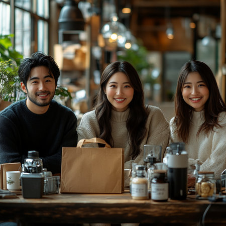 Three asian friends sitting in a cafe, looking at camera and smilingの素材