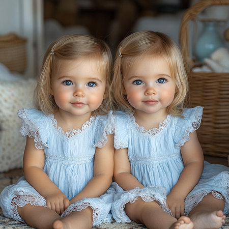 Portrait of two cute little girls sitting on the floor in the studioの素材