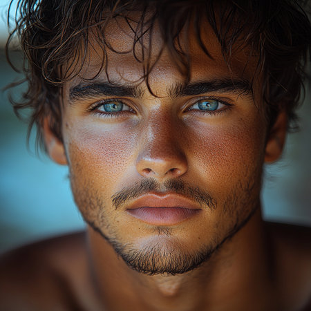 Portrait of a handsome young man with beard and wet hair.の素材
