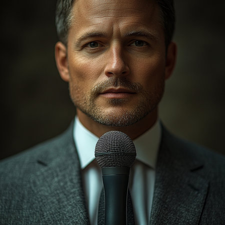 Portrait of a handsome mature man in suit with microphone. Men's beauty, fashion.の素材