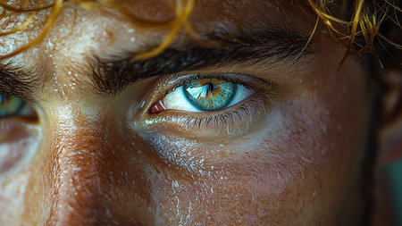 Closeup of human hand touching digital circuit board on dark background 3D renderingの素材