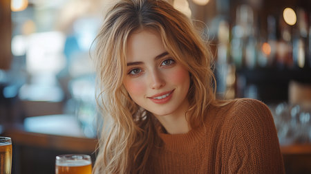 Portrait of a beautiful girl with blond hair in a cafe.の素材