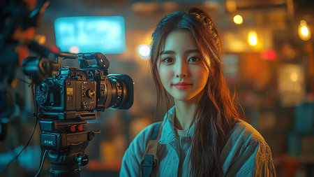 Young asian female vlogger recording video for her blog.の素材