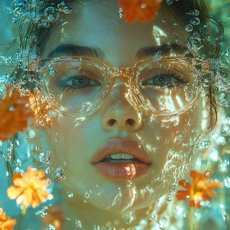 Close-up portrait of a beautiful girl with flowers in her hairの素材