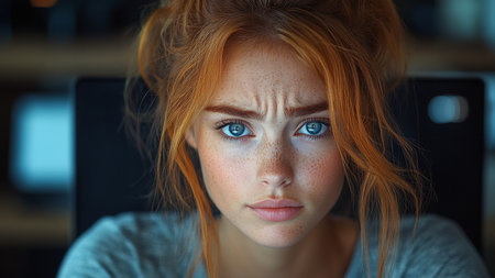 Close up portrait of young redhead woman with freckles and blue eyes.の素材