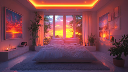 Bedroom interior. 3d render. Bedroom in the eveningの素材