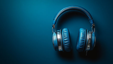 Blue headphones on a blue background. Music concept. 3D Renderingの素材