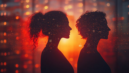 Silhouette of two young women looking at each other. Double exposureの素材