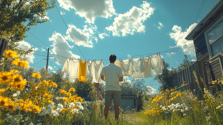 Man hanging clothes on the clothesline in the countryside. Sunny day.の素材