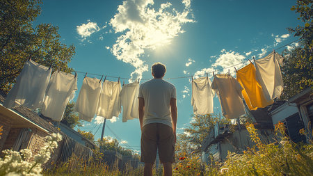 Man hanging clothes on a rope in the garden with sun rays.の素材