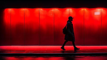 Silhouette of a man walking in the city at night.の素材